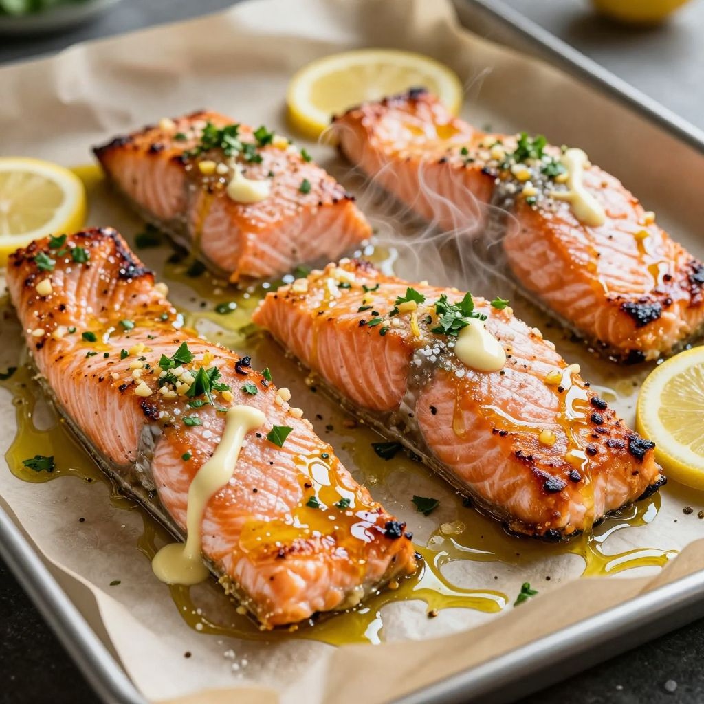 Baked salmon on tray