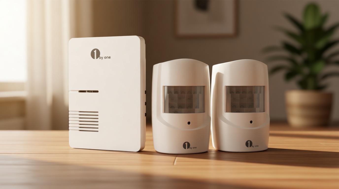 1byone Driveway Alarm, Home Security Alert System with 36 Melodies, 1 Plug-in Receiver and 2 Weatherproof PIR Motion Detector, 1000ft Wireless Transmission Range and 24ft PIR Detection Range