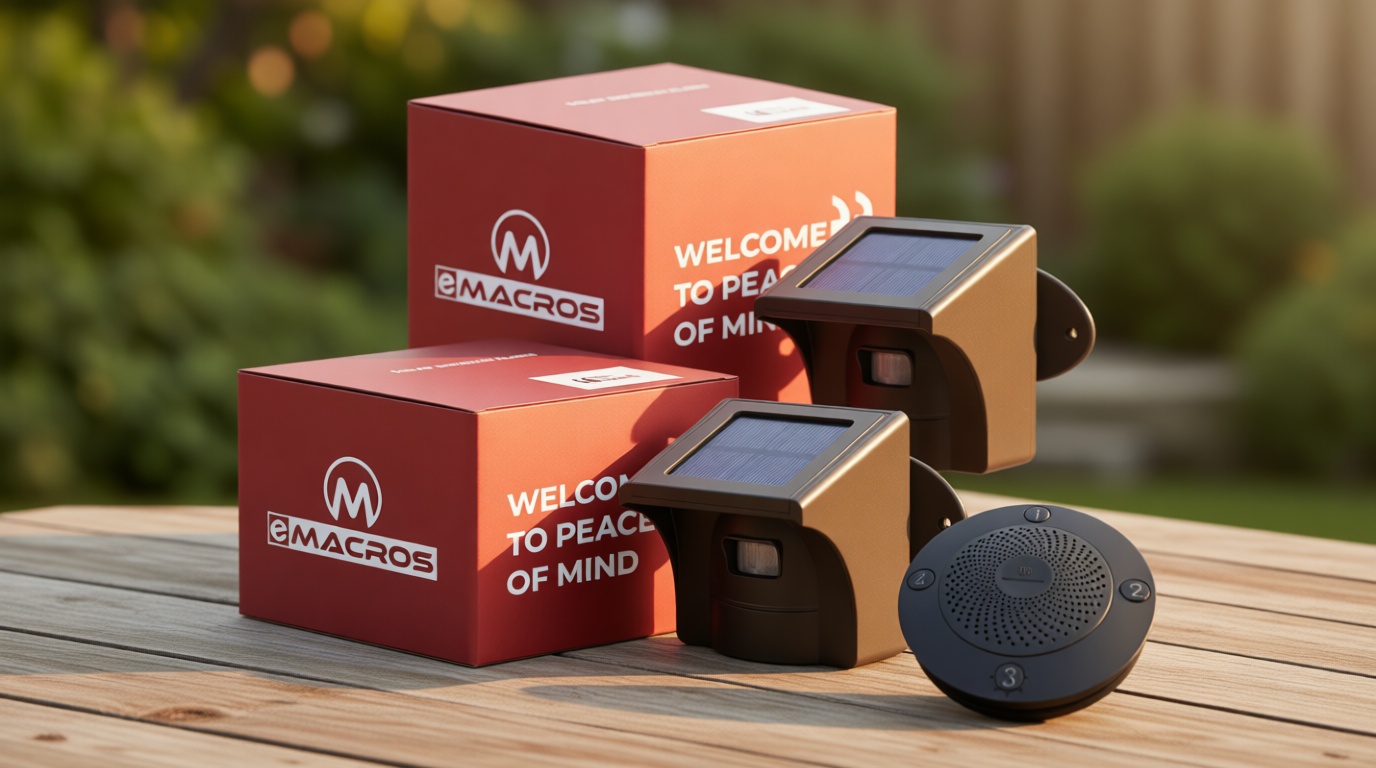 eMACROS Solar Wireless Driveway Alarm System (1/2 Mile Range, 1 Receiver & 2 Solar Sensors) - Weatherproof Outdoor Motion Detector for Farm, Long Driveway & Property Security