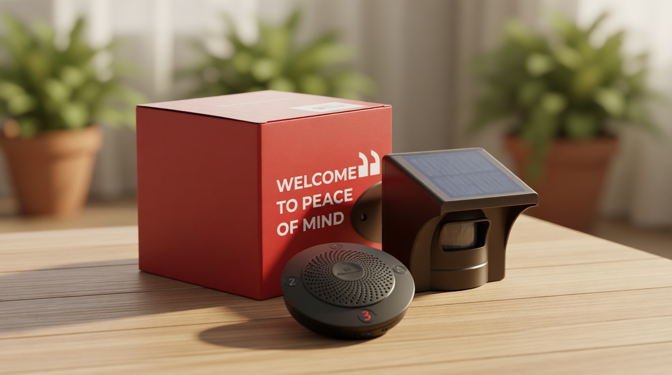 eMACROS Non-APP Wireless Driveway Alarm — 1/2 Mile Solar Motion Sensor with Plug-in Receiver for Driveways, Homes, Large Properties, Weatherproof Outdoor Security System