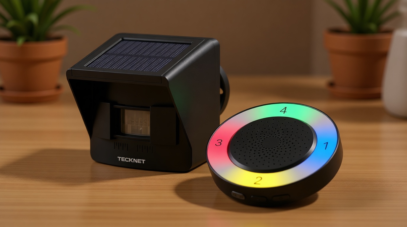 TECKNET Solar Wireless Driveway Alarm with 2600FT Long Range & 36 Melodies & 5 Volumes and Supports 4 Zones Weatherproof Motion Sensor Alarm to Protect Inside/Outside Property (1 Receiver 1 Sensor)