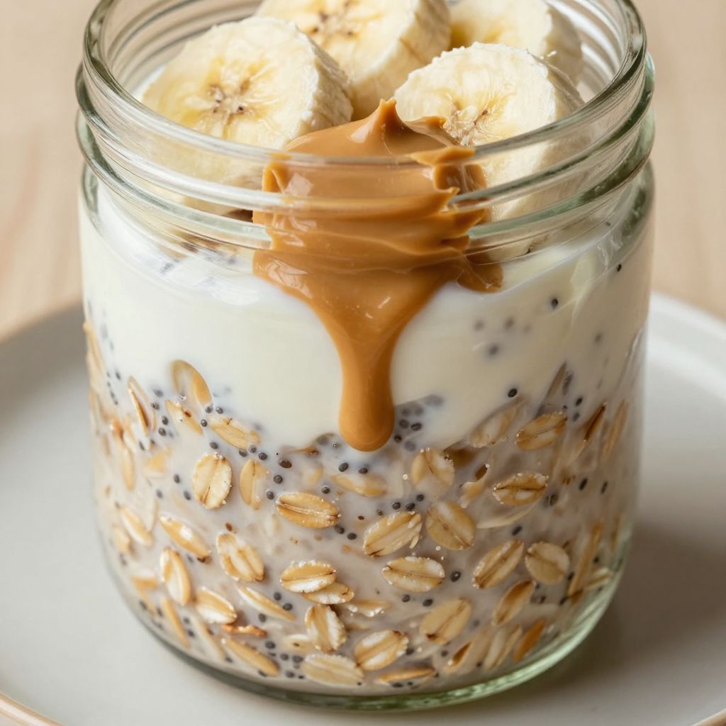 Overnight oats in a glass jar with toppings
