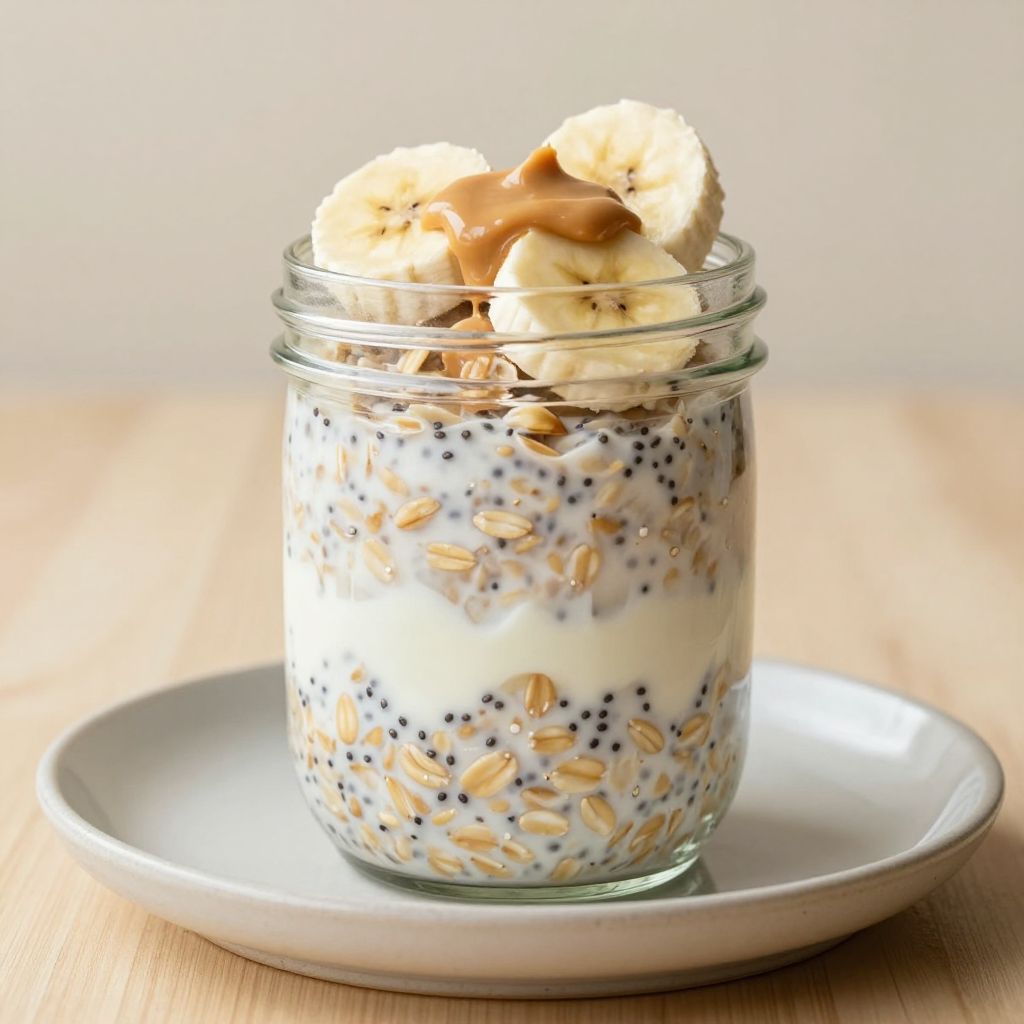 Overnight oats jar with spoon and banana slices