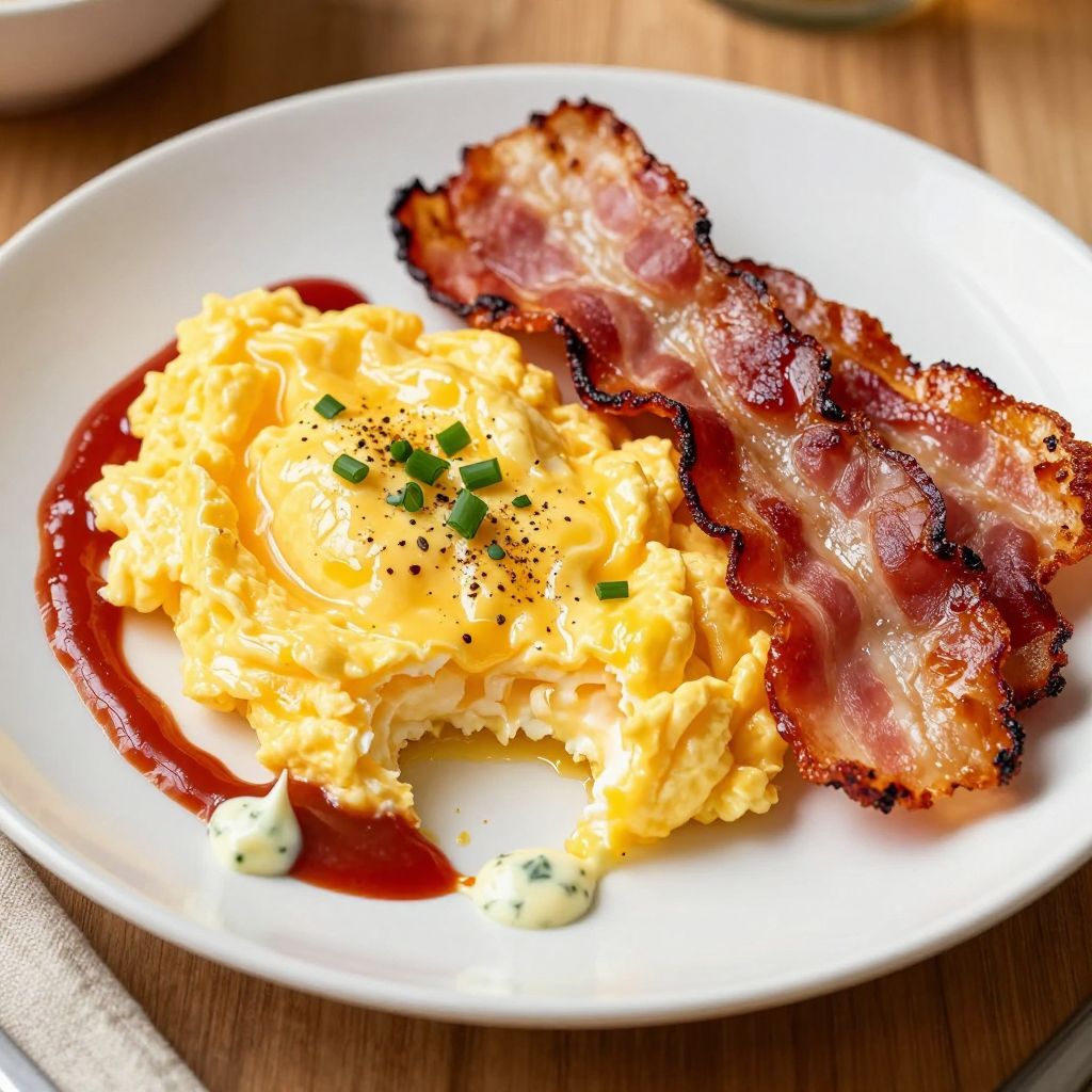 Scrambled eggs and bacon served