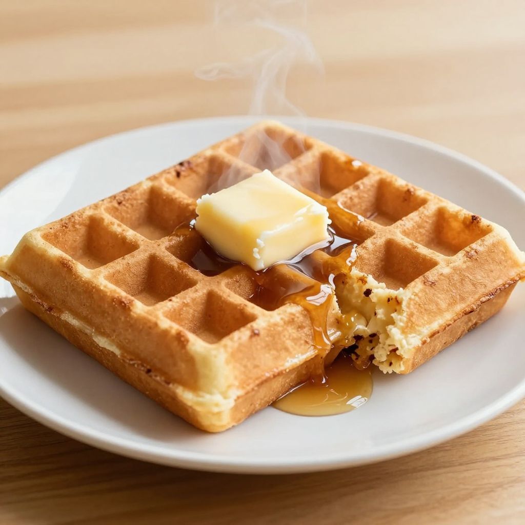 Waffle batter being poured into waffle iron