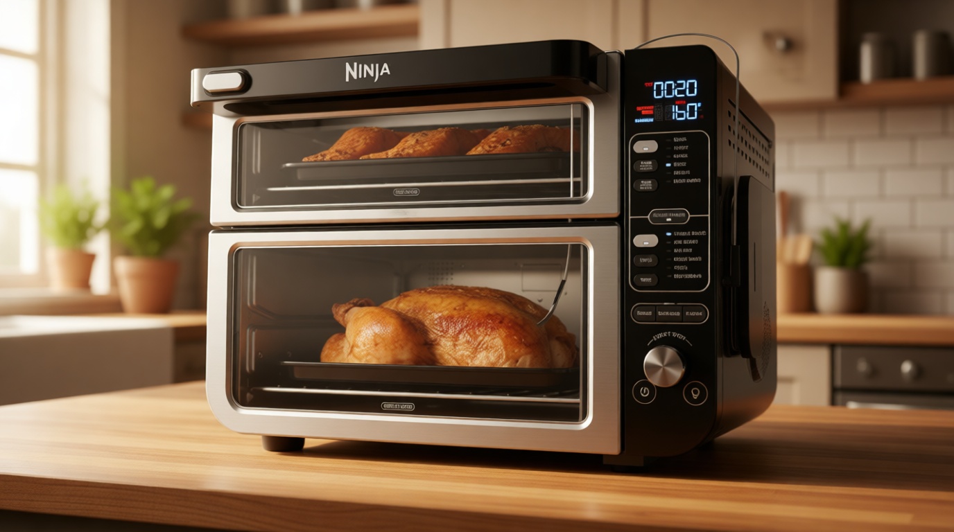 Ninja DCT451 12-in-1 Smart Double Oven with FlexDoor, Thermometer, FlavorSeal, Smart Finish, Rapid Top Convection and Air Fry Bottom in Stainless Steel