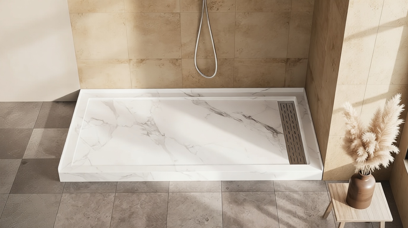 MORVANO 60 x 32 Shower Base with Single Threshold Rectangular Right Drain Location Shower Base,Shower Pan With Stainess Steel Cover,Marble White Acrylic Shower Base