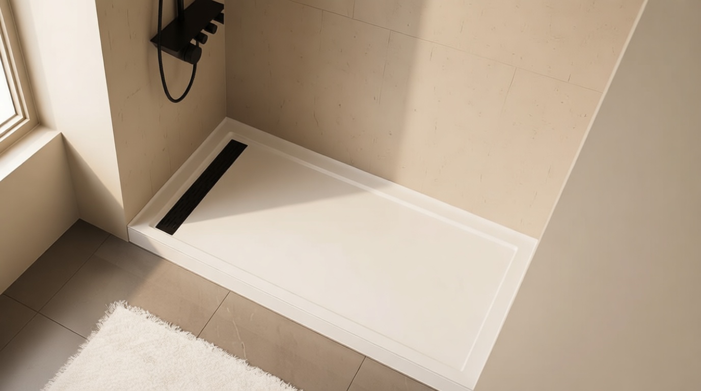MORVANO 32 x 60 x 4 Shower Base with Single Threshold Rectangular Left Drain Location Shower Base in Glossy White, Acrylic Shower Pan with Black Stainess Steel Cover, Left Drain
