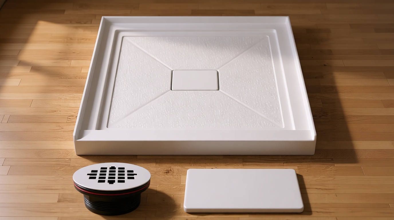 GETPRO Shower Base 34 in. D x 34 in. W Center Drain Single Threshold Shower Pan With Non-Slip Textured Surface, White Acrylic Shower Floor Base for Bathroom with Drain and White Cover Included