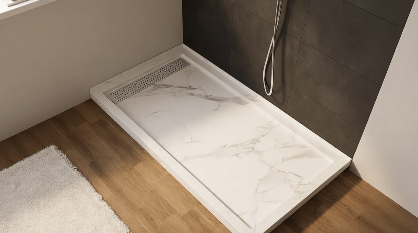 MORVANO 60 x 32 Shower Base with Single Threshold Rectangular Left Drain Location Shower Base,Shower Pan With Stainess Steel Cover,Marble White Acrylic Shower Base