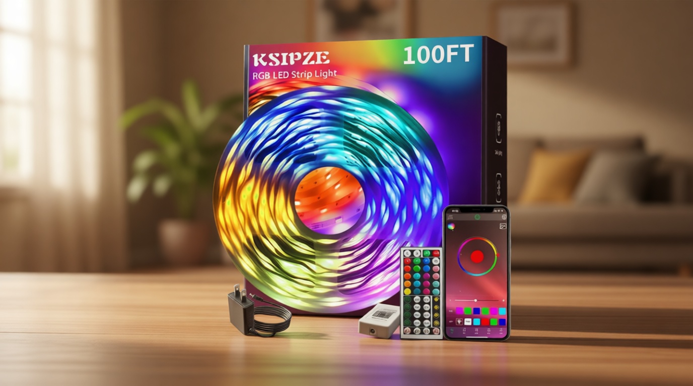 KSIPZE 100ft Led Strip Lights RGB Music Sync Color Changing Led Lights with Smart App Control Remote Led Lights for Bedroom Room Lighting Flexible Home Décor