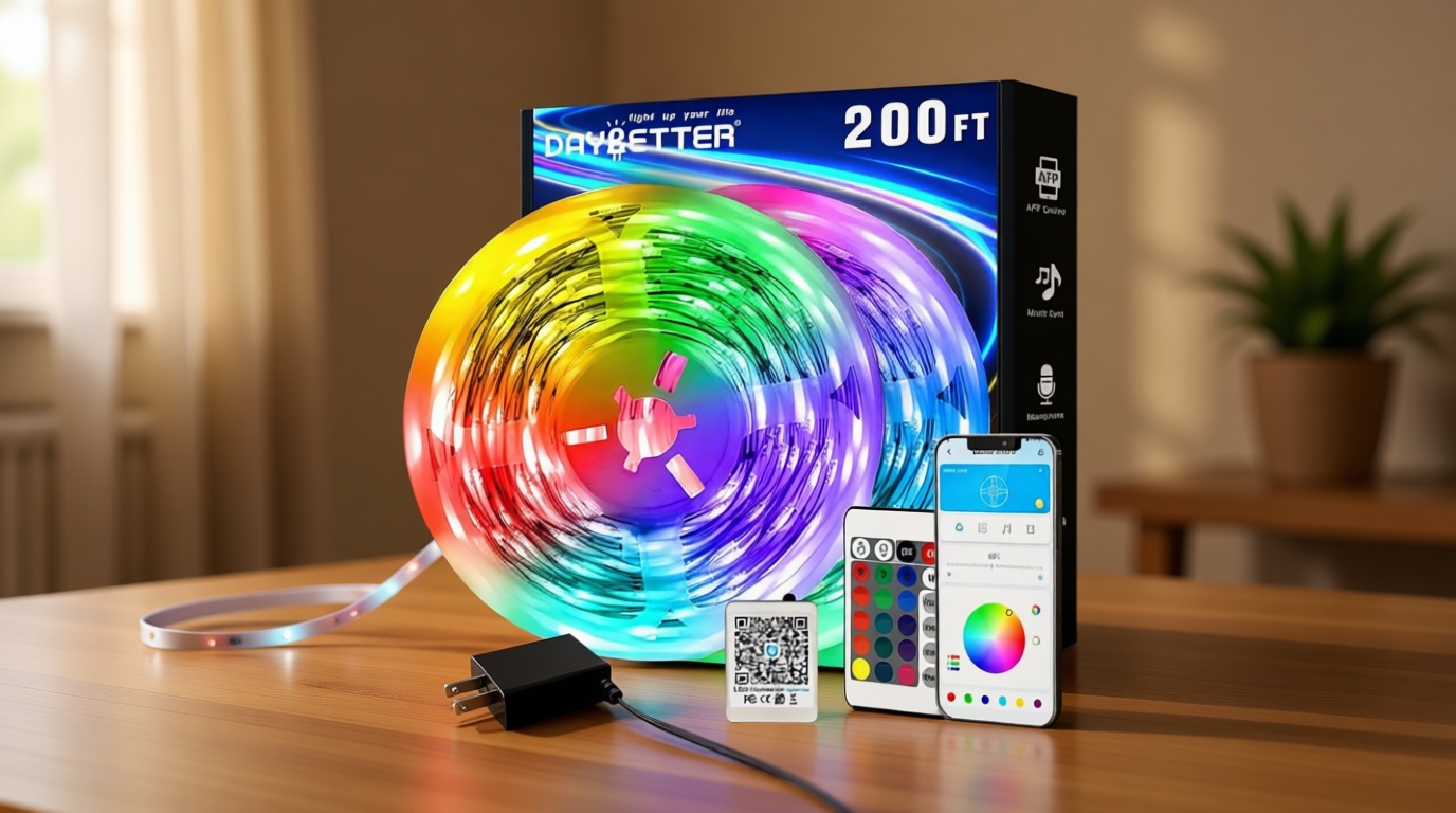 DAYBETTER LED Strip Lights 200 ft (2 Rolls of 100 ft), Smart App Control Lighting Bedroom Rome Decor with Remote, RGB Music Sync Color Changing LED Lights for Party