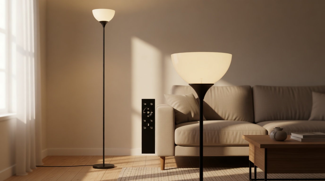 PESRAE Floor Lamp, Remote Control with Stpeless Color Temperatures and Brightness, Torchiere lamp for Bedroom, Living Room, Bulb Included (Matte Black)