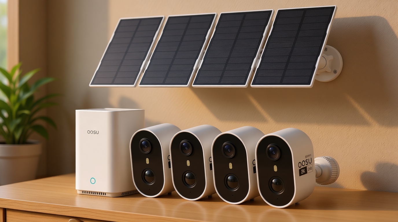 aosu Solar Security Cameras Wireless Outdoor Home System, True 2K HD, Cross-Camera Tracking, PIR + AI Human Detection, Color Night Vision, Local Storage, No Subscription Required, 4-Cam-Kit
